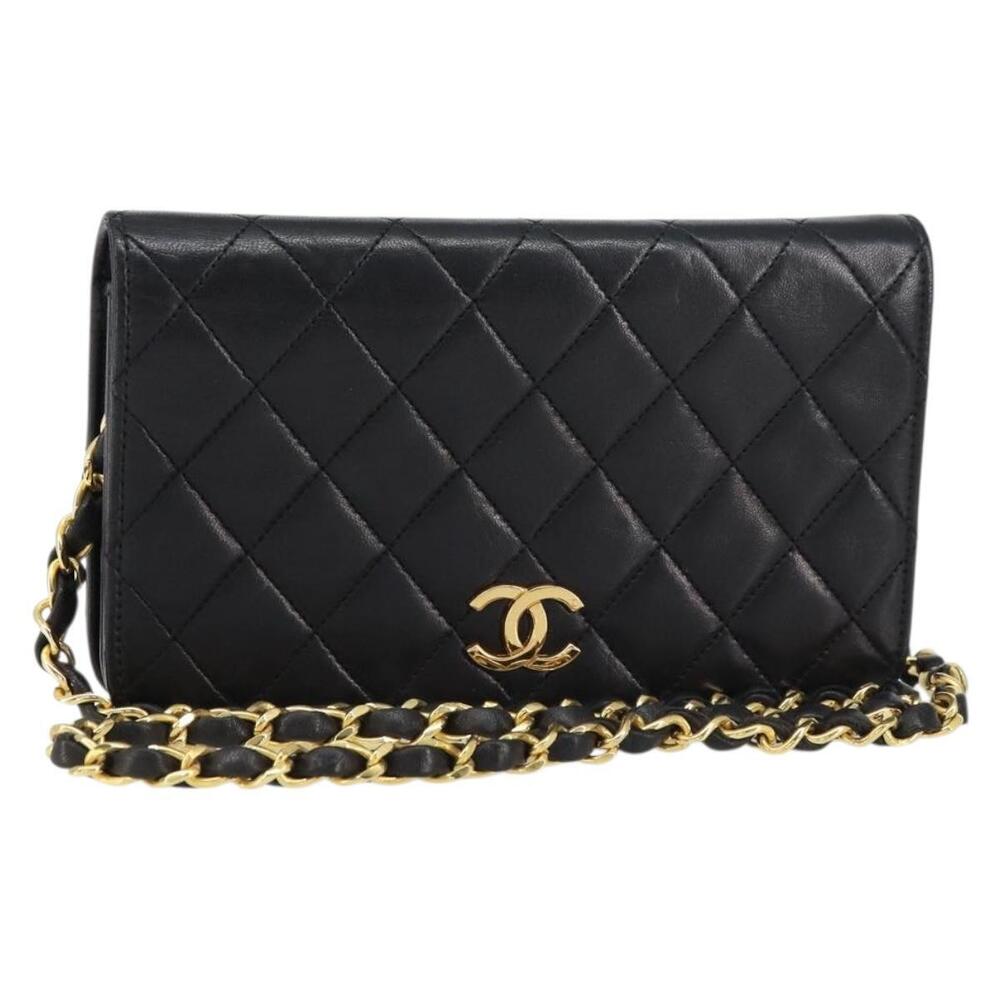 CHANEL Chain Matelasse Shoulder Bag Lamb Skin Black Gold CC Auth am10082